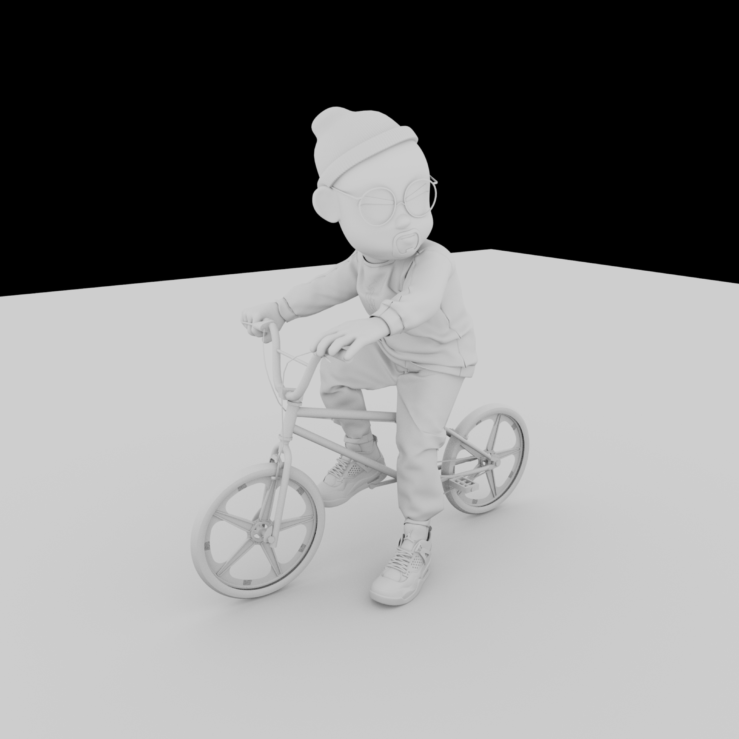Weezy personal work, monochrome clay character on a bike